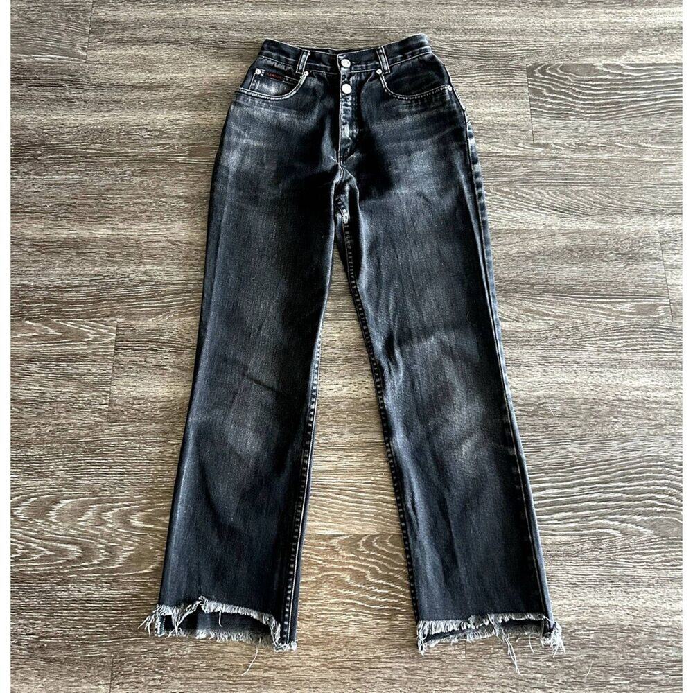 Vintage LAWMAN Western Black Denim Jeans Bandana‎ Patchwork Raw Hem Size 3
